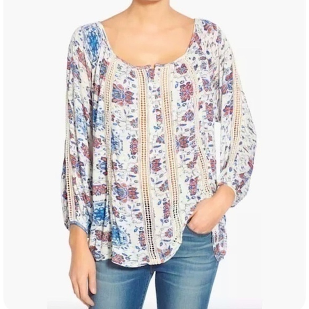 Lucky Brand White Floral Crochet Peasant Top​